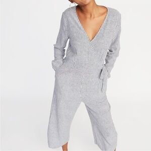 Old Navy Striped Size L Waist-Defined Wrap-Front Wide Crop Leg Jumpsuit Romper